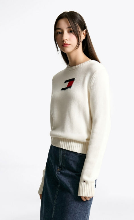 American Flag Crew Neck Sweater, Ivory Petal
