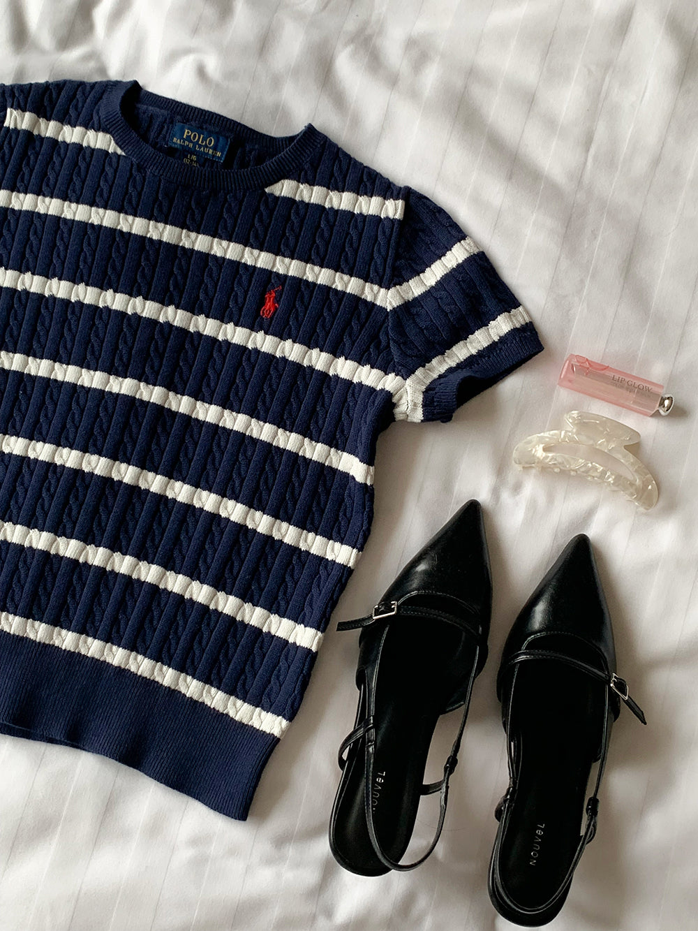 S/S Combed Cotton Striped Mini Cable Knit Sweater