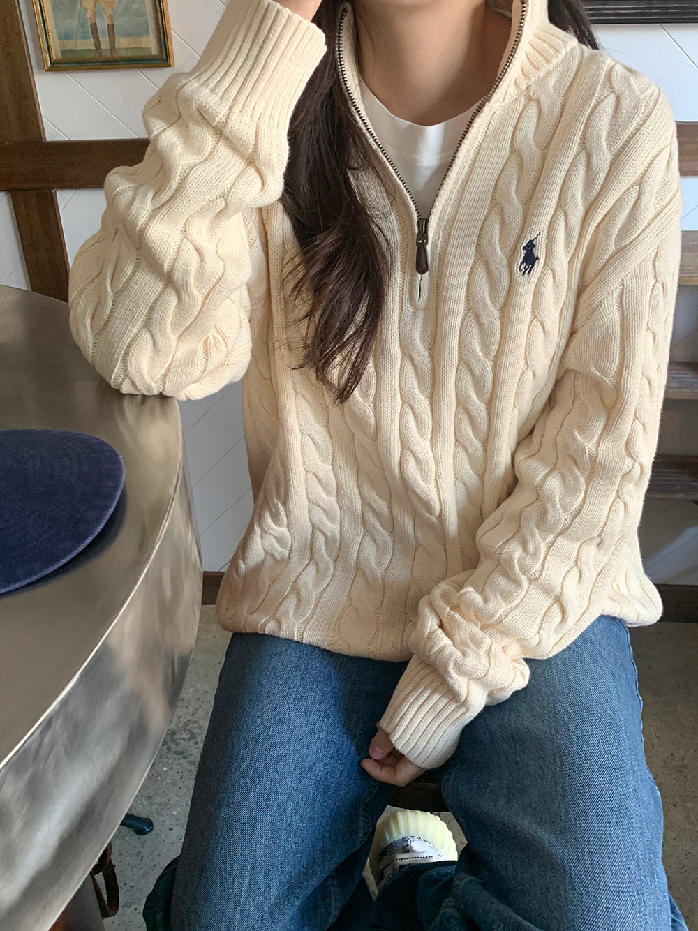 Cotton Cable Knit 1/2 Zip Sweater