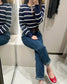 Long Sleeve Cotton Mini Cable Knit Cardigan Sweater-Stripe